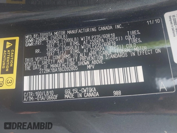 2011 Lexus RX 350 z VIN 2T2BK1BA1BC092805, wystawiony jako IAAI lot #42275093 z przebiegiem 175 918 mil mil oraz . Historia ofert i sprzedaży dostępna na DreamBid. Obrazek 9.