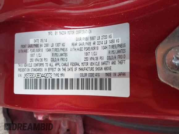 2014 Mazda CX-9 Touring with VIN JM3TB3CA3E0442072, listed as a IAAI auction lot 41487644 with 111,642 mi miles. Bid and sale history available at carsss.com. Image 9.