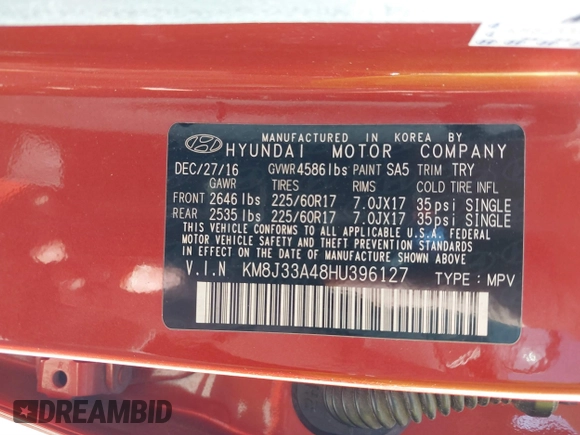 2017 Hyundai Tucson SE z VIN KM8J33A48HU396127, wystawiony jako IAAI lot #41785992 z przebiegiem 86 667 mil mil oraz . Historia ofert i sprzedaży dostępna na DreamBid. Obrazek 9.
