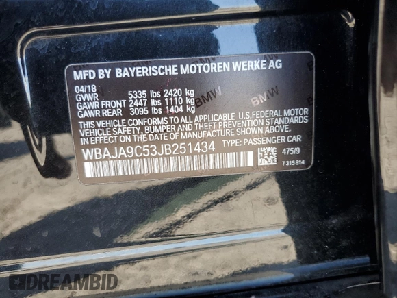 2018 BMW 5 Series 530e with VIN WBAJA9C53JB251434, listed as a Copart auction lot 56971115 with 225,345 mi miles and Clean title. Bid and sale history available at DreamBid. Image 12.
