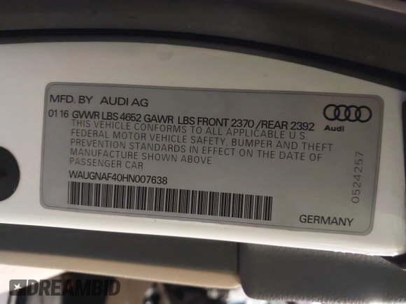 2017 Audi A4 Premium with VIN WAUGNAF40HN007638, listed as a IAAI auction lot 41069009 with 79,951 mi miles. Bid and sale history available at carsss.com. Image 9.