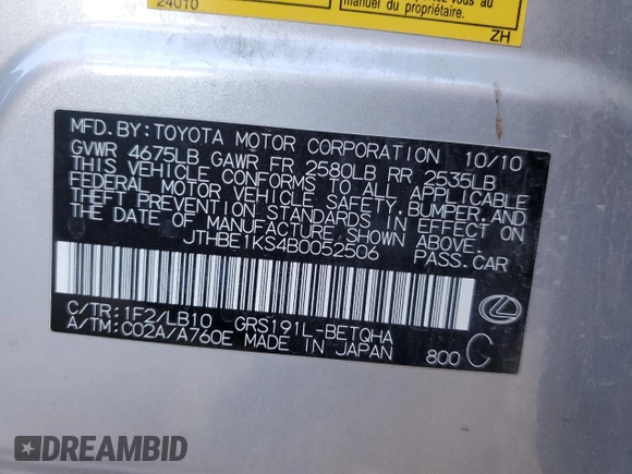 2011 Lexus GS 350 z VIN JTHBE1KS4B0052506, wystawiony jako Copart lot #44977455 z przebiegiem 117 864 mil mil oraz Szkoda całkowita • Salvage title. Historia ofert i sprzedaży dostępna na DreamBid. Obrazek 15.