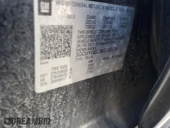 2019 Chevrolet Silverado 1500 LTZ with VIN 3GCUYGEL2KG182725, listed as a Copart auction lot 50393705 with 135,057 mi miles and Salvage Title. Bid and sale history available at DreamBid. Image 14.
