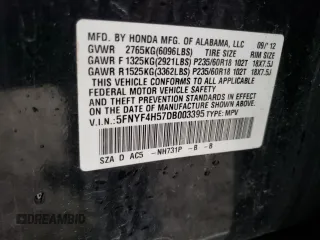 2013 Honda Pilot EX-L z VIN 5FNYF4H57DB003395, wystawiony jako Copart lot #55129895 z przebiegiem Nie podano mil oraz Czysty tytuł • Clean title. Historia ofert i sprzedaży dostępna na DreamBid. Obrazek 12.