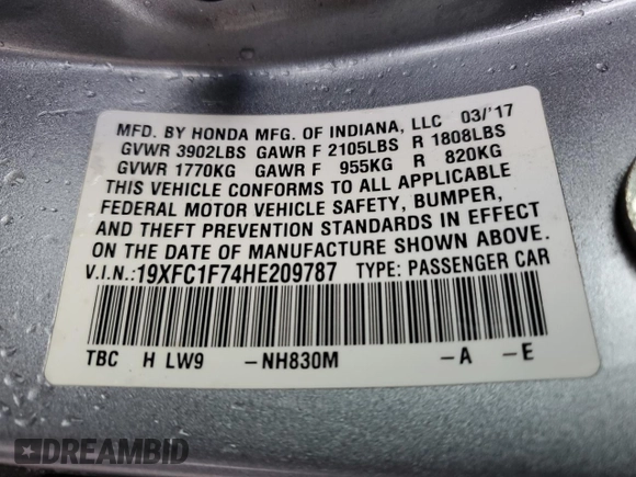 2017 Honda Civic EX-L z VIN 19XFC1F74HE209787, wystawiony jako Copart lot #56352415 z przebiegiem 130 264 mil mil oraz Szkoda całkowita • Salvage title. Historia ofert i sprzedaży dostępna na DreamBid. Obrazek 13.