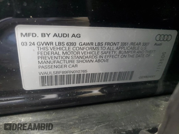 2024 Audi S8 with VIN WAULSBF89RN010765, listed as a Copart auction lot 49784285 with 13,724 mi miles and Salvage Title. Bid and sale history available at DreamBid. Image 12.