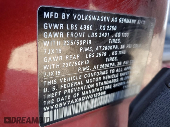 2013 Volkswagen Tiguan SE with VIN WVGBV7AX9DW012368, listed as a Copart auction lot 57244975 with 177,810 mi miles and Salvage title. Bid and sale history available at DreamBid. Image 13.