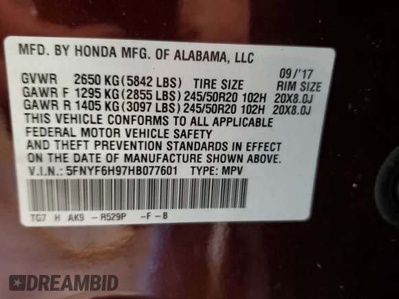 2017 Honda Pilot Touring with VIN 5FNYF6H97HB077601, listed as a Copart auction lot 53672935 with 73,484 mi miles and Salvage Title. Bid and sale history available at carsss.com. Image 13.
