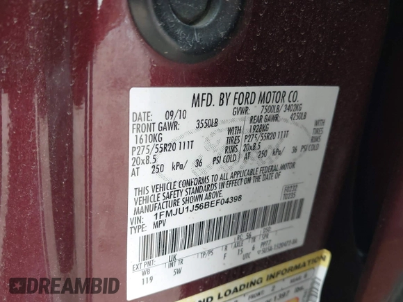 2011 Ford Expedition XLT with VIN 1FMJU1J56BEF04398, listed as a IAAI auction lot 42230992 with 237,746 mi miles and . Bid and sale history available at DreamBid. Image 9.