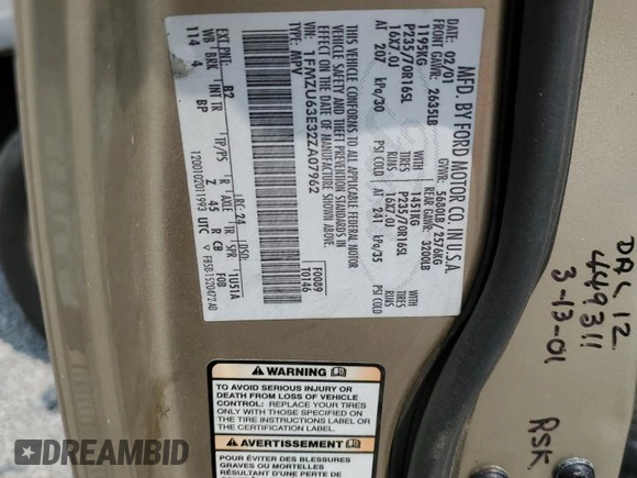 2002 Ford Explorer XLT with VIN 1FMZU63E32ZA07962, listed as a Copart auction lot 59545285 with Not provided miles and Salvage title. Bid and sale history available at DreamBid. Image 13.