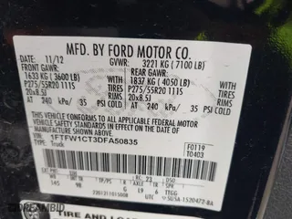 2013 Ford F-150 XL with VIN 1FTFW1CT3DFA50835, listed as a IAAI auction lot 41920298 with 220,490 mi miles. Bid and sale history available at carsss.com. Image 9.