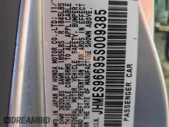 2005 Honda Civic with VIN JHMES96695S009385, listed as a Copart auction lot 88084805 with 188,259 mi miles and Salvage Title. Bid and sale history available at DreamBid. Image 12.