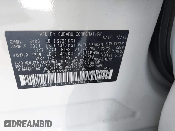 2020 Subaru Ascent Premium with VIN 4S4WMAFD1L3441651, listed as a IAAI auction lot 41961481 with 91,184 mi miles and . Bid and sale history available at DreamBid. Image 9.