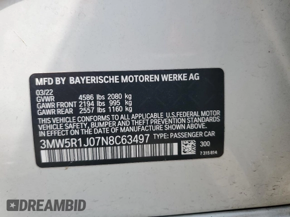 2022 BMW 3 Series 330i with VIN 3MW5R1J07N8C63497, listed as a Copart auction lot 54549985 with Not provided miles and Salvage title. Bid and sale history available at DreamBid. Image 12.