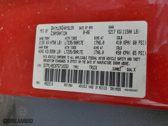2007 Dodge Ram 3500 SLT with VIN 3D7ML48C07G710333, listed as a Copart auction lot 46603565 with 302,985 mi miles and Salvage Title. Bid and sale history available at carsss.com. Image 13.