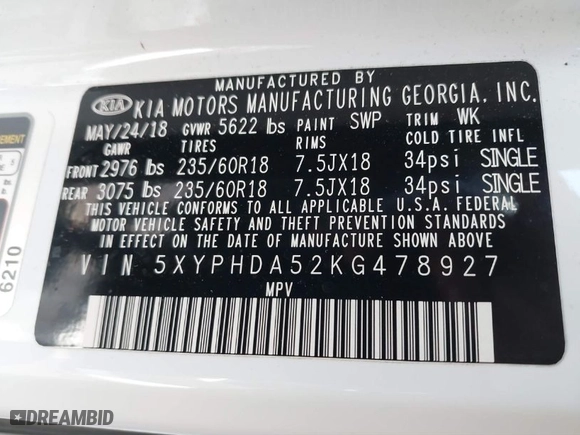 2019 Kia Sorento EX V6 with VIN 5XYPHDA52KG478927, listed as a IAAI auction lot 41822495 with 33,052 mi miles. Bid and sale history available at carsss.com. Image 9.