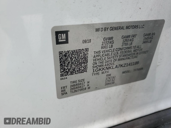 2019 GMC Acadia SLE z VIN 1GKKNKLA7KZ141189, wystawiony jako Copart lot #54205435 z przebiegiem 159 148 mil mil oraz Szkoda całkowita • Salvage title. Historia ofert i sprzedaży dostępna na DreamBid. Obrazek 13.
