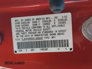 2003 Honda Element EX with VIN 5J6YH28553L006400, listed as a IAAI auction lot 42088510 with Not Provided miles and . Bid and sale history available at DreamBid. Image 9.