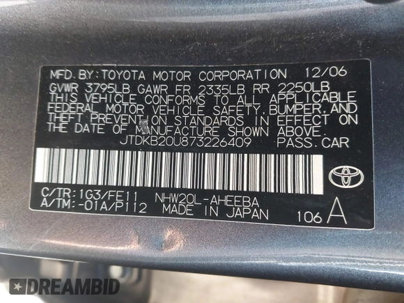 2007 Toyota Prius z VIN JTDKB20U873226409, wystawiony jako IAAI lot #42541909 z przebiegiem 128 374 mil mil oraz . Historia ofert i sprzedaży dostępna na DreamBid. Obrazek 9.