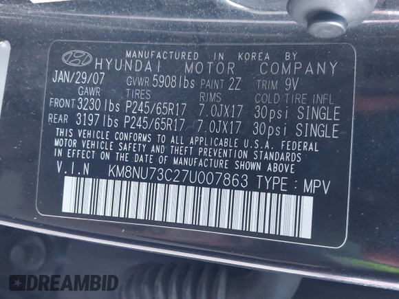 2007 Hyundai Veracruz GLS with VIN KM8NU73C27U007863, listed as a IAAI auction lot 41356164 with 264,504 mi miles and . Bid and sale history available at DreamBid. Image 9.