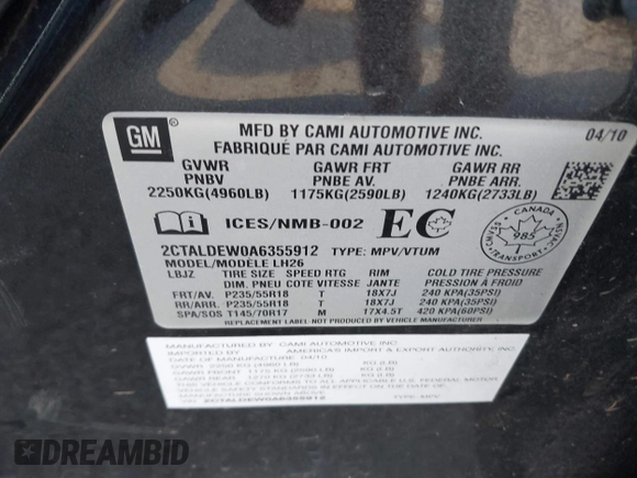 2010 GMC Terrain SLE-2 with VIN 2CTALDEW0A6355912, listed as a IAAI auction lot 41809103 with 233,959 mi miles. Bid and sale history available at carsss.com. Image 9.