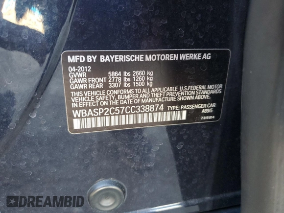 2012 BMW 5 Series GT 535i xDrive with VIN WBASP2C57CC338874, listed as a Copart auction lot 79637324 with 96,164 mi miles and Salvage Title. Bid and sale history available at carsss.com. Image 12.