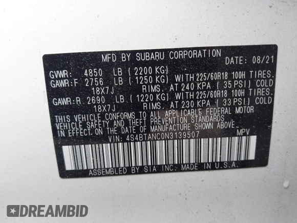 2022 Subaru Outback Limited with VIN 4S4BTANC0N3139507, listed as a IAAI auction lot 42368616 with 36,901 mi miles and . Bid and sale history available at DreamBid. Image 9.