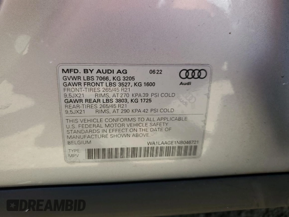 2022 Audi e-tron Premium Plus z VIN WA1LAAGE1NB046721, wystawiony jako Copart lot #60505985 z przebiegiem 23 143 mil mil oraz Szkoda całkowita • Salvage title. Historia ofert i sprzedaży dostępna na DreamBid. Obrazek 14.