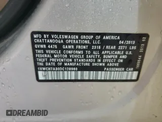 2013 Volkswagen Passat SEL Premium with VIN 1VWCH7A30DC128960, listed as a Copart auction lot 81139334 with 222,492 mi miles and Salvage Title. Bid and sale history available at carsss.com. Image 12.