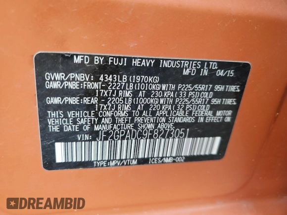 2015 Subaru Crosstrek Premium with VIN JF2GPADC9F8273051, listed as a Copart auction lot 64081215 with 100,880 mi miles and Salvage title. Bid and sale history available at DreamBid. Image 13.