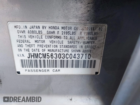 2003 Honda Accord LX with VIN JHMCM56303C043710, listed as a IAAI auction lot 41517509 with 283,083 mi miles and . Bid and sale history available at DreamBid. Image 9.
