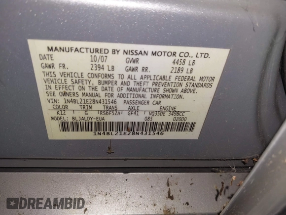 2008 Nissan Altima 3.5 SE with VIN 1N4BL21E28N431546, listed as a IAAI auction lot 41667628 with 1 mi miles. Bid and sale history available at carsss.com. Image 9.