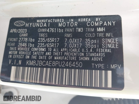 2023 Hyundai Tucson SEL z VIN KM8JBCAE8PU246450, wystawiony jako IAAI lot #42367159 z przebiegiem 20 449 mil mil oraz . Historia ofert i sprzedaży dostępna na DreamBid. Obrazek 9.
