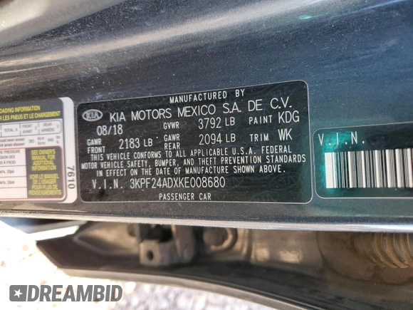 2019 Kia Forte LXS with VIN 3KPF24ADXKE008680, listed as a Copart auction lot 42830905 with 124,252 mi miles and Salvage Title. Bid and sale history available at carsss.com. Image 13.