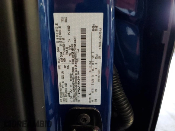 2024 Ford F-150 STX with VIN 1FTEW2LP1RKE64148, listed as a Copart auction lot 43461815 with 781 mi miles and Salvage Title. Bid and sale history available at carsss.com. Image 12.