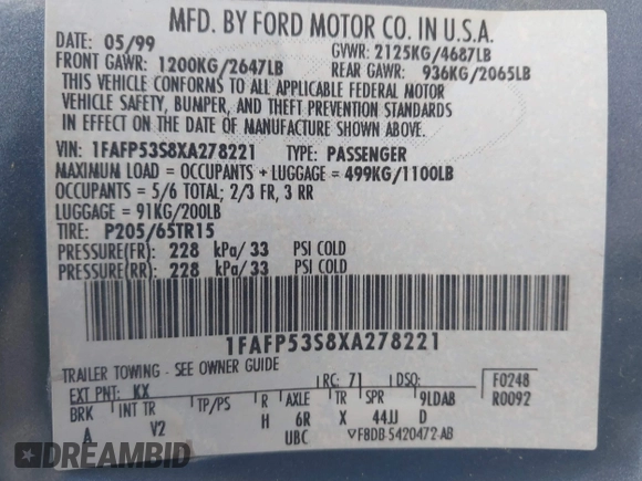 1999 Ford Taurus SE with VIN 1FAFP53S8XA278221, listed as a IAAI auction lot 41820964 with 115,109 mi miles and . Bid and sale history available at DreamBid. Image 9.