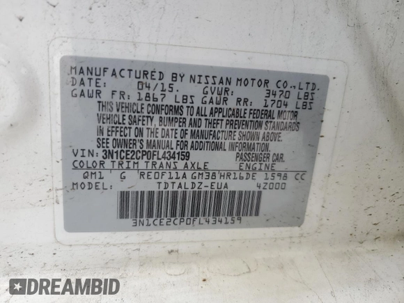 2015 Nissan Note S Plus with VIN 3N1CE2CP0FL434159, listed as a Copart auction lot 55592655 with 115,102 mi miles and Salvage title. Bid and sale history available at DreamBid. Image 12.
