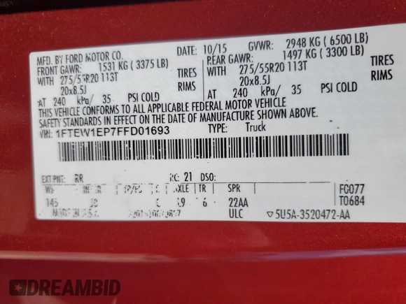 2015 Ford F-150 XLT with VIN 1FTEW1EP7FFD01693, listed as a Copart auction lot 62568385 with 190,871 mi miles and Salvage title. Bid and sale history available at DreamBid. Image 12.