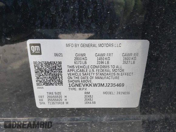 2021 Chevrolet Traverse Premier with VIN 1GNEVKKW3MJ235469, listed as a IAAI auction lot 40987307 with 40,819 mi miles. Bid and sale history available at carsss.com. Image 9.