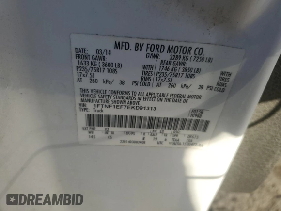 2014 Ford F-150 XL z VIN 1FTNF1EF7EKD91313, wystawiony jako Copart lot #83408474 z przebiegiem Nie podano mil oraz Szkoda całkowita • Salvage title. Historia ofert i sprzedaży dostępna na DreamBid. Obrazek 14.