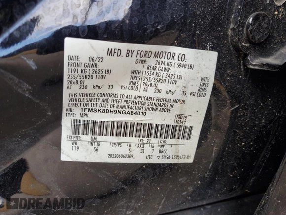 2022 Ford Explorer XLT с VIN 1FMSK8DH9NGA84010, выставлен на аукционе Copart как лот 63575275 с пробегом 47 413 миль миль и Списание • Salvage title. История ставок и продаж доступна на DreamBid. Изображение 12.