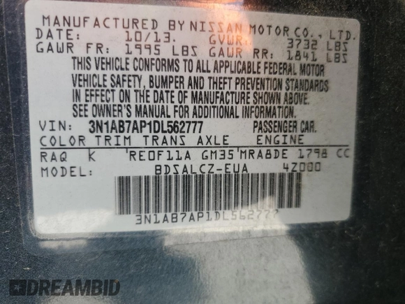 2013 Nissan Sentra FE+ S with VIN 3N1AB7AP1DL562777, listed as a Copart auction lot 55129045 with 194,017 mi miles and Clean Title. Bid and sale history available at DreamBid. Image 12.