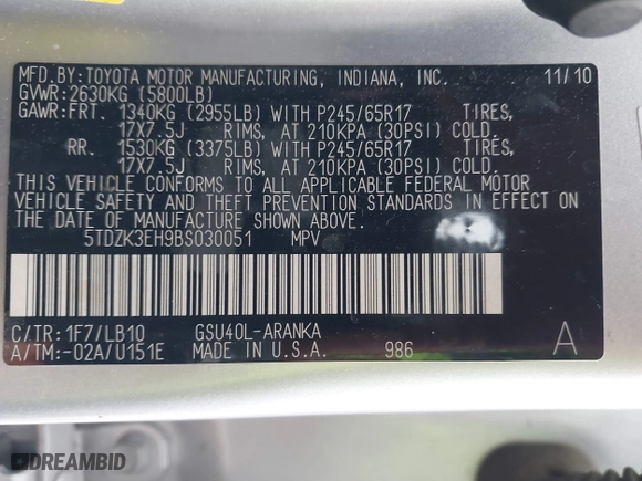 2011 Toyota Highlander with VIN 5TDZK3EH9BS030051, listed as a IAAI auction lot 41436897 with 253,513 mi miles. Bid and sale history available at carsss.com. Image 9.