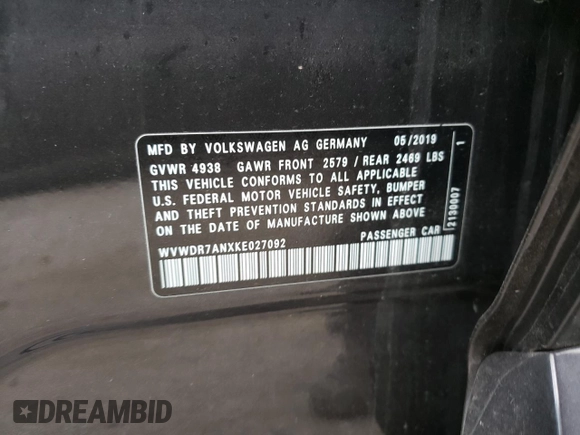 2019 Volkswagen Arteon z VIN WVWDR7ANXKE027092, wystawiony jako Copart lot #42923893 z przebiegiem Nie podano mil oraz . Historia ofert i sprzedaży dostępna na DreamBid. Obrazek 12.