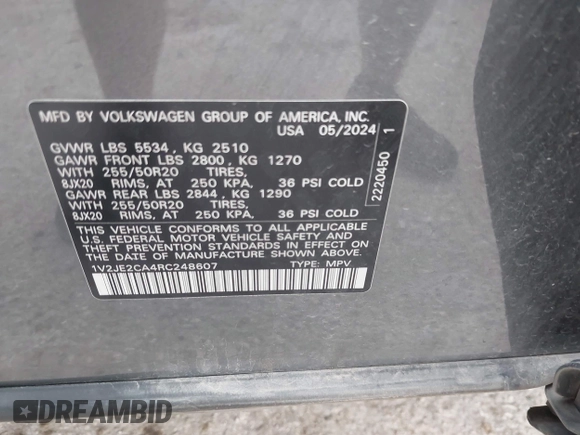 2024 Volkswagen Atlas SE с VIN 1V2JE2CA4RC248607, выставлен на аукционе IAAI как лот 42105089 с пробегом 8 321 миль миль и . История ставок и продаж доступна на DreamBid. Изображение 9.