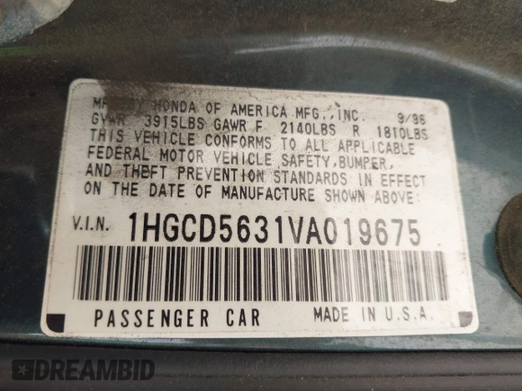 1997 Honda Accord LX с VIN 1HGCD5631VA019675, выставлен на аукционе IAAI как лот 42268994 с пробегом 284 652 миль миль и . История ставок и продаж доступна на DreamBid. Изображение 9.