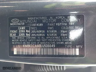2020 Hyundai Kona SE with VIN KM8K1CAA8LU506649, listed as a IAAI auction lot 41811280 with 90,486 mi miles. Bid and sale history available at carsss.com. Image 9.