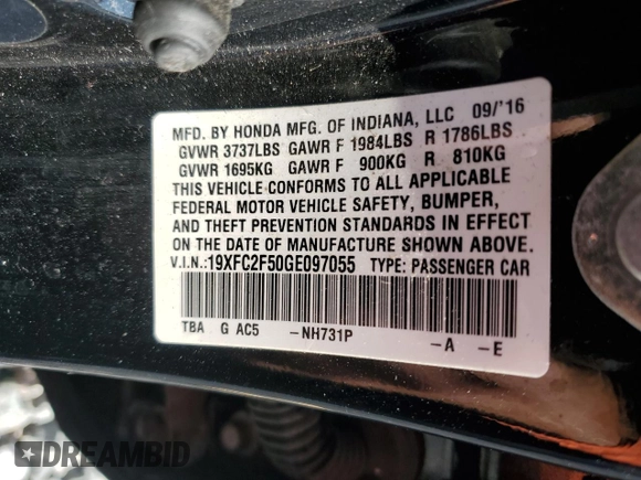 2016 Honda Civic Sedan LX with VIN 19XFC2F50GE097055, listed as a Copart auction lot 53089075 with 88,362 mi miles and Salvage Title. Bid and sale history available at carsss.com. Image 12.