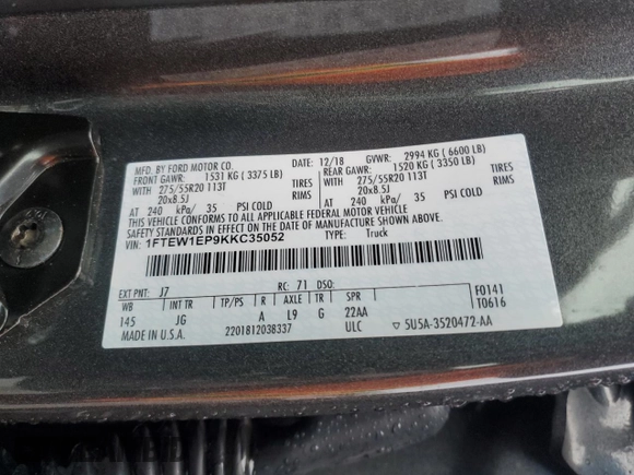 2019 Ford F-150 XL with VIN 1FTEW1EP9KKC35052, listed as a Copart auction lot 48992715 with 41,740 mi miles and Salvage Title. Bid and sale history available at carsss.com. Image 14.