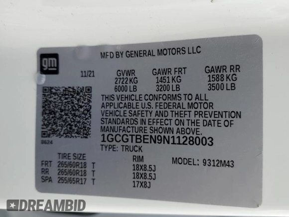 2022 Chevrolet Colorado 4WD Work Truck with VIN 1GCGTBEN9N1128003, listed as a Copart auction lot 86204214 with 34,762 mi miles and Salvage title. Bid and sale history available at DreamBid. Image 14.